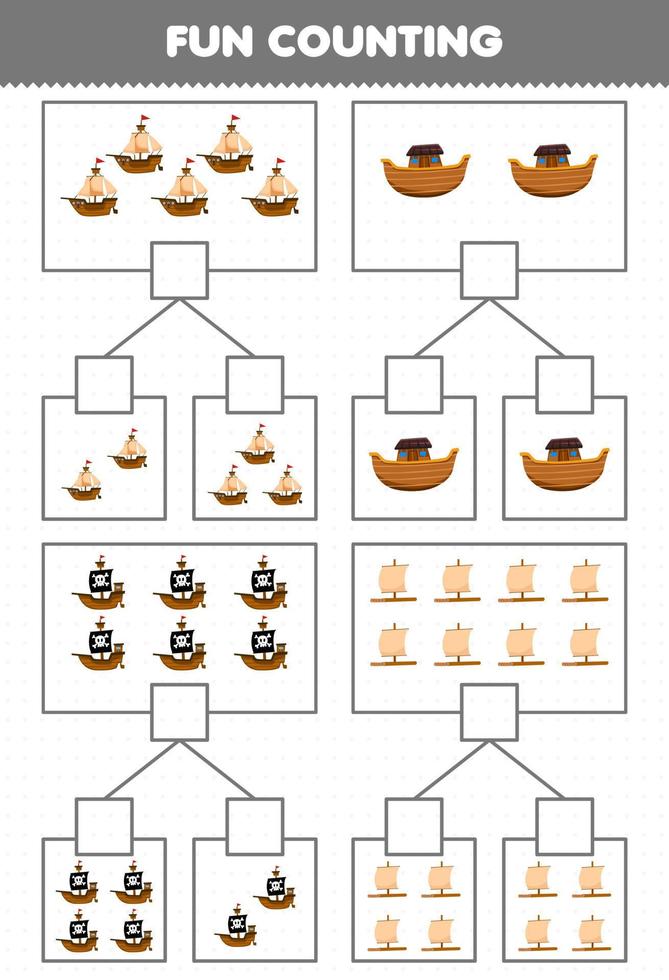 onderwijs spel voor kinderen pret tellen afbeelding in elk doos van schattig tekenfilm schip ark en vlot afdrukbare piraat werkblad vector