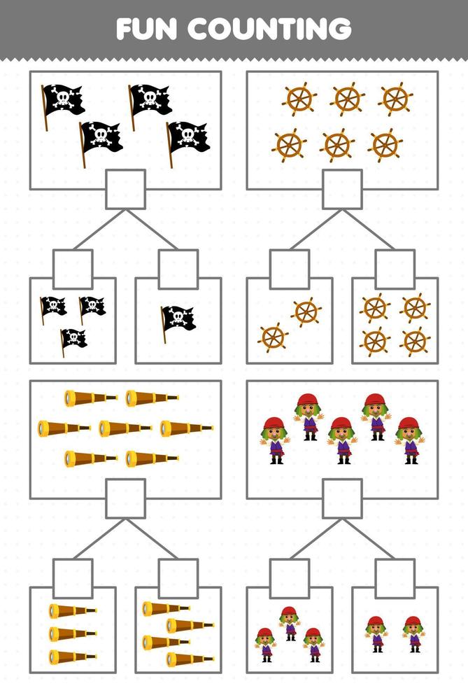 onderwijs spel voor kinderen pret tellen afbeelding in elk doos van schattig tekenfilm hoed wiel kijker en Mens afdrukbare piraat werkblad vector