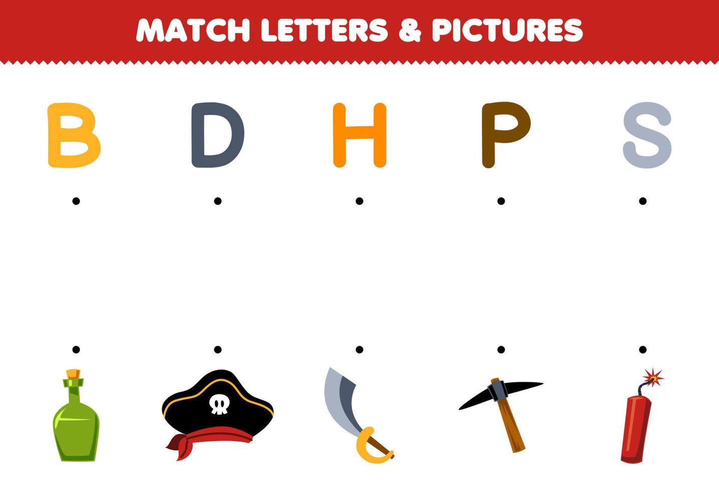 onderwijs spel voor kinderen bij elkaar passen brieven en afbeeldingen van schattig tekenfilm fles hoed zwaard pikhouweel dynamiet afdrukbare piraat werkblad vector