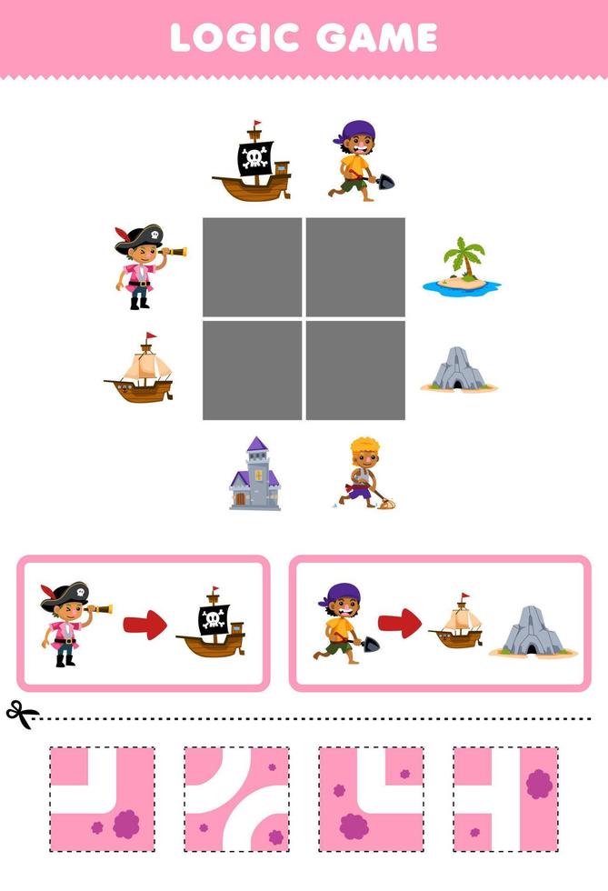 onderwijs spel voor kinderen logica puzzel bouwen de weg voor jongens Actie naar schip en grot afdrukbare piraat werkblad vector