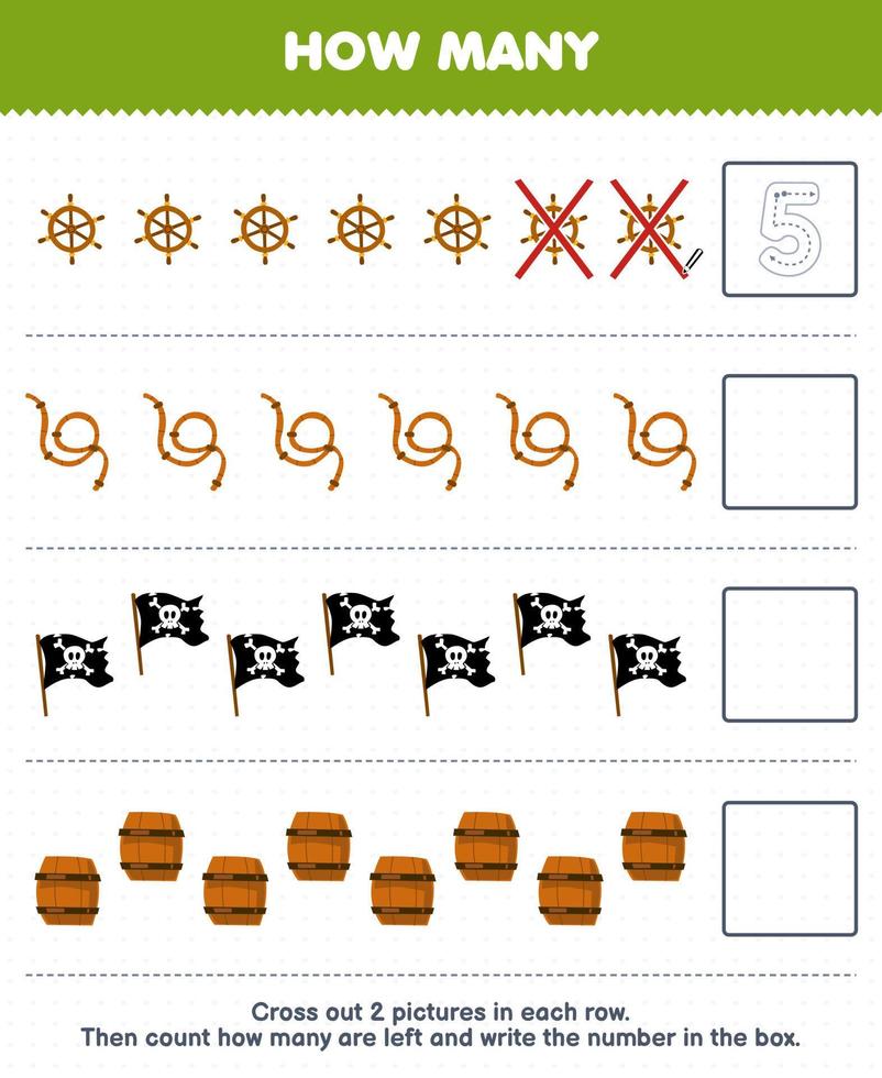 onderwijs spel voor kinderen tellen hoe veel schattig tekenfilm wiel touw vlag vat en schrijven de aantal in de doos afdrukbare piraat werkblad vector