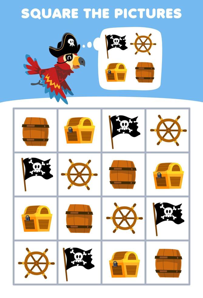 onderwijs spel voor kinderen helpen schattig tekenfilm papegaai plein de correct wiel vlag borst vat reeks afbeelding afdrukbare piraat werkblad vector