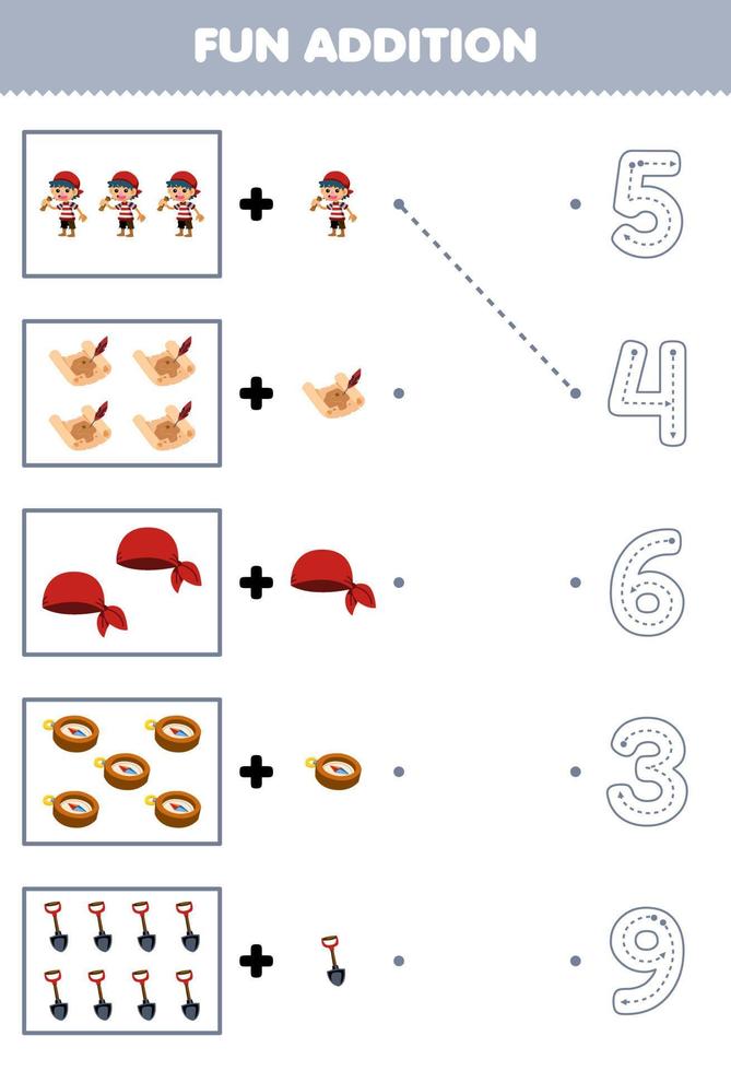 onderwijs spel voor kinderen pret tellen en toevoegen een meer tekenfilm jongen schat kaart bandana kompas Schep vervolgens Kiezen de correct aantal piraat werkblad vector