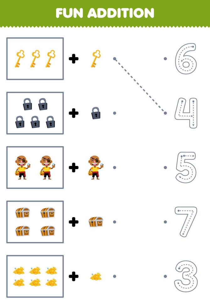 onderwijs spel voor kinderen pret tellen en toevoegen een meer tekenfilm sleutel hangslot kaal Mens borst schat vervolgens Kiezen de correct aantal piraat werkblad vector