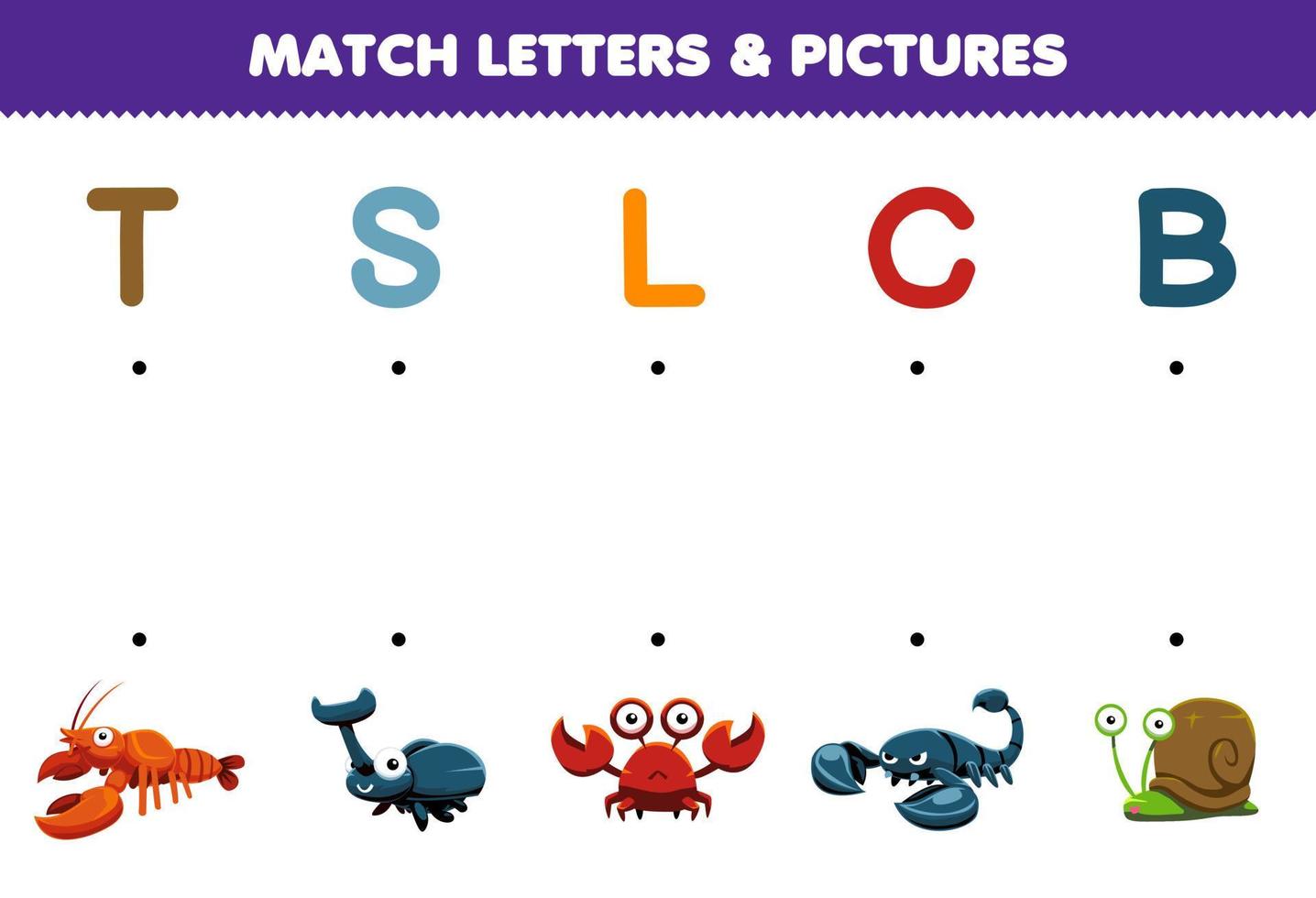 onderwijs spel voor kinderen bij elkaar passen brieven en afbeeldingen van schattig tekenfilm kreeft kever krab schorpioen slak afdrukbare dier werkblad vector