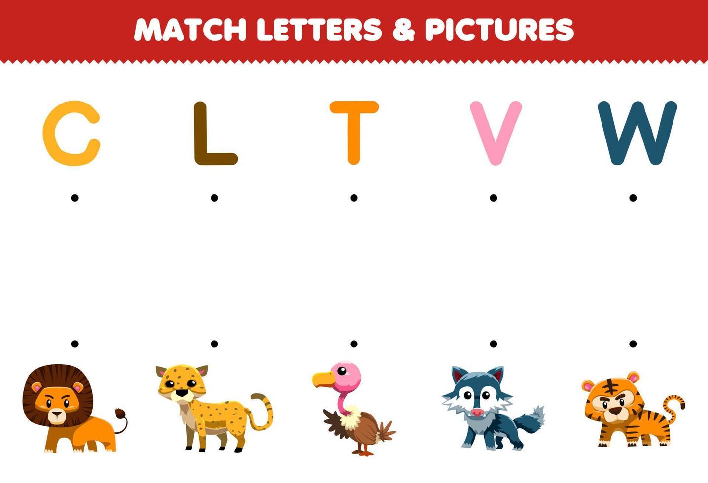 onderwijs spel voor kinderen bij elkaar passen brieven en afbeeldingen van schattig tekenfilm leeuw Jachtluipaard gier wolf tijger afdrukbare dier werkblad vector