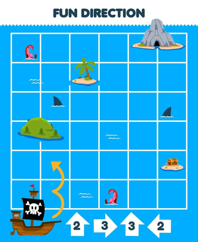 onderwijs spel voor kinderen pret richting helpen schip Actie volgens naar de getallen Aan de pijlen afdrukbare piraat werkblad vector