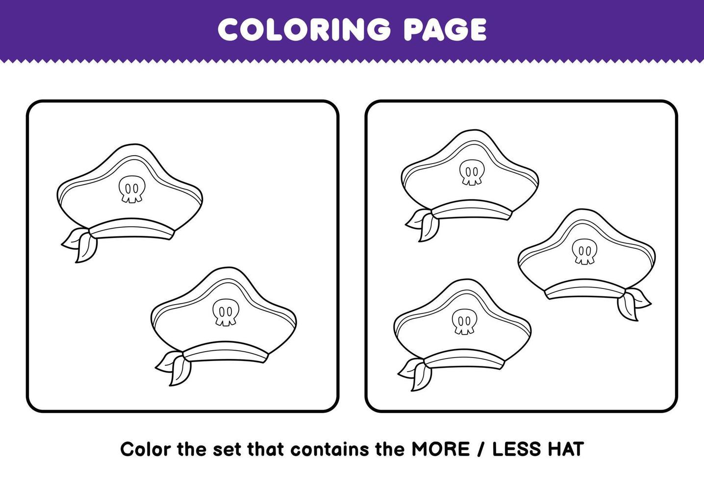 onderwijs spel voor kinderen kleur bladzijde meer of minder afbeelding van schattig tekenfilm hoed lijn kunst reeks afdrukbare piraat werkblad vector