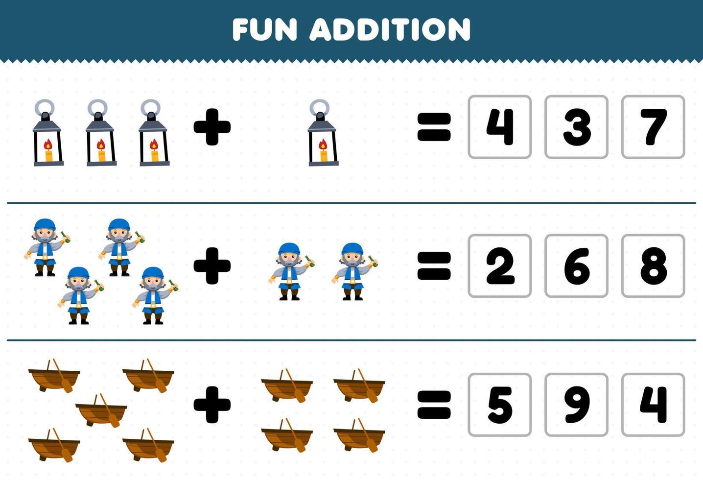 onderwijs spel voor kinderen pret toevoeging door Raad eens de correct aantal van schattig tekenfilm lantaarn oud Mens en boot afdrukbare piraat werkblad vector