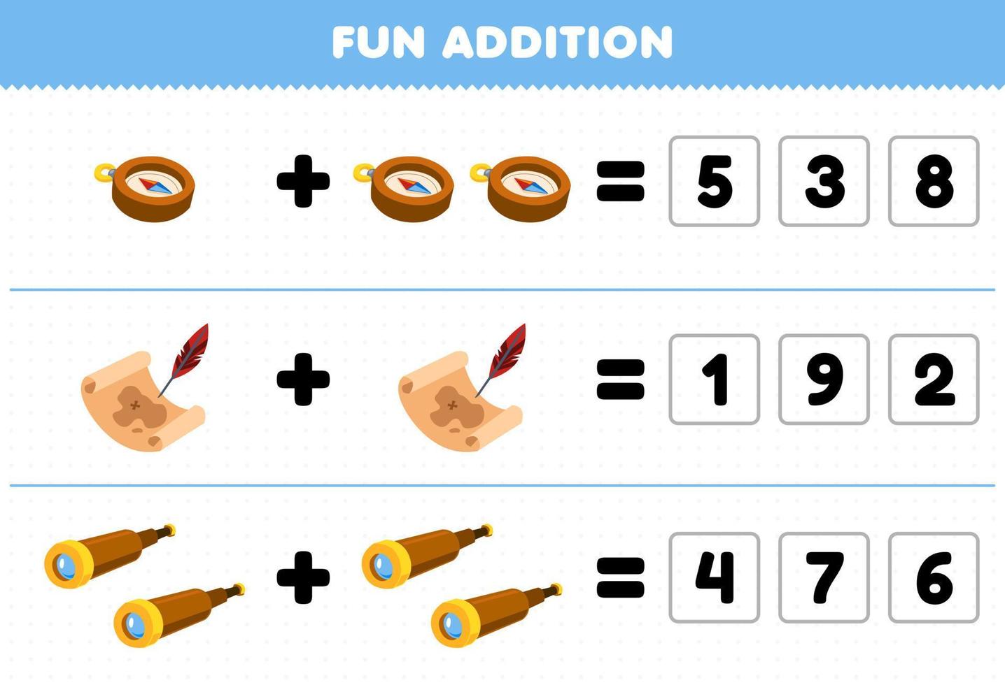 onderwijs spel voor kinderen pret toevoeging door Raad eens de correct aantal van schattig tekenfilm kompas schat kaart en kijker afdrukbare piraat werkblad vector