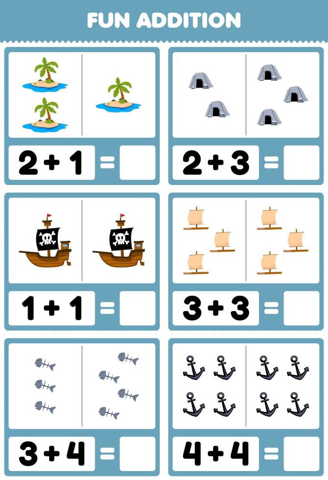 onderwijs spel voor kinderen pret toevoeging door tellen en som van schattig tekenfilm eiland grot schip vlot vis bot anker afdrukbare piraat werkblad vector
