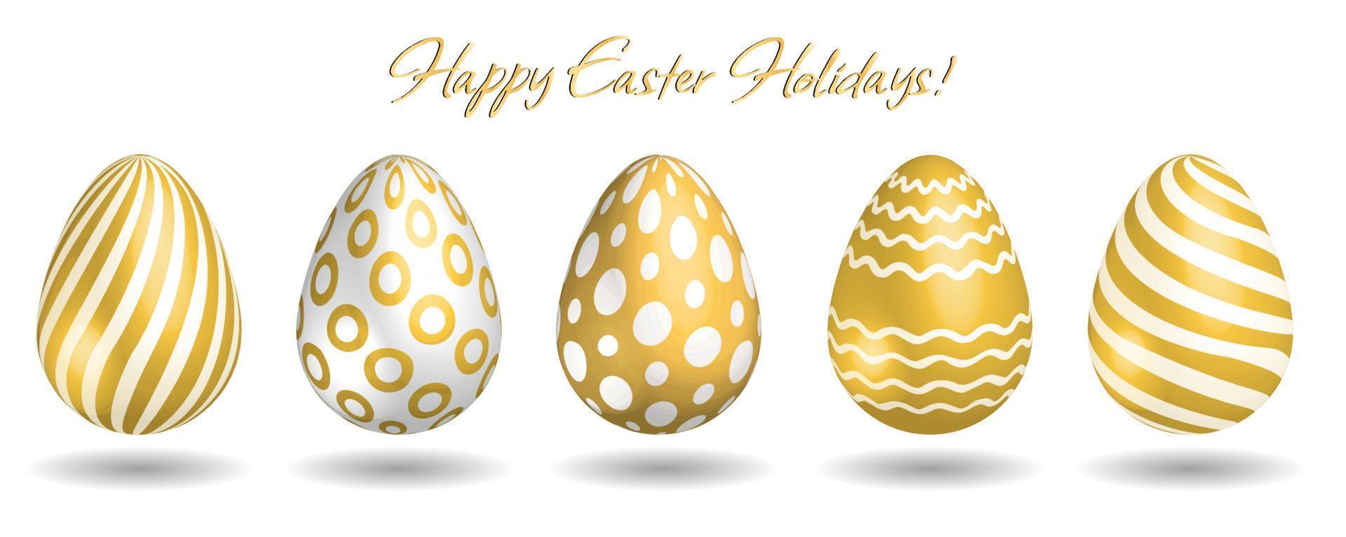 verzameling van realistisch gouden vector Pasen versierd eieren, traditioneel symbool van religieus eter vakantie, groep van decoratief voorwerpen.