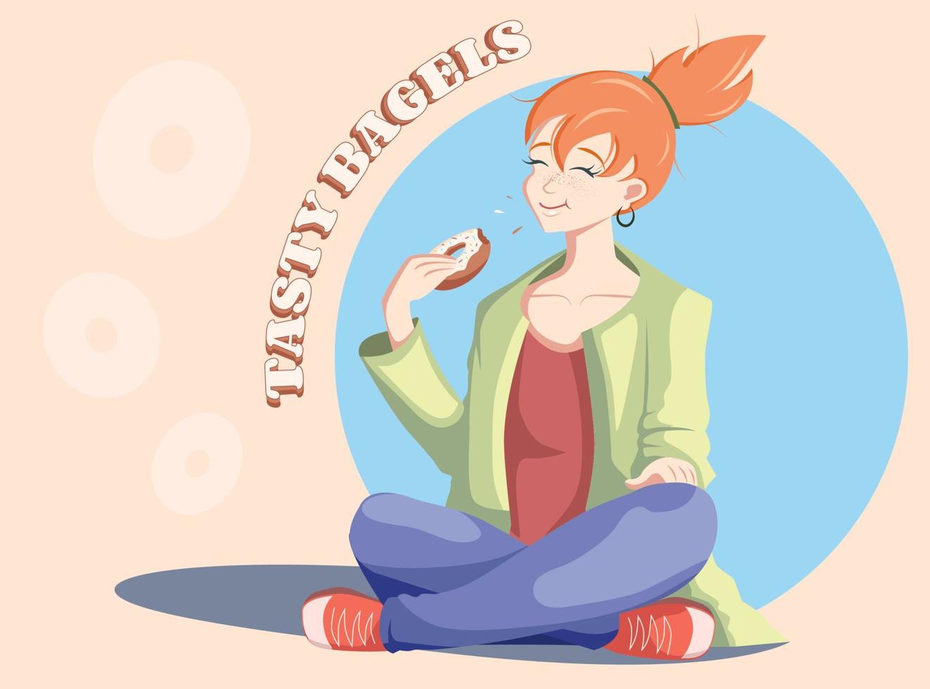 een vrouw zittend en aan het eten een zoet smakelijk donut, vector banier, caffe advertentie, website spandoek.