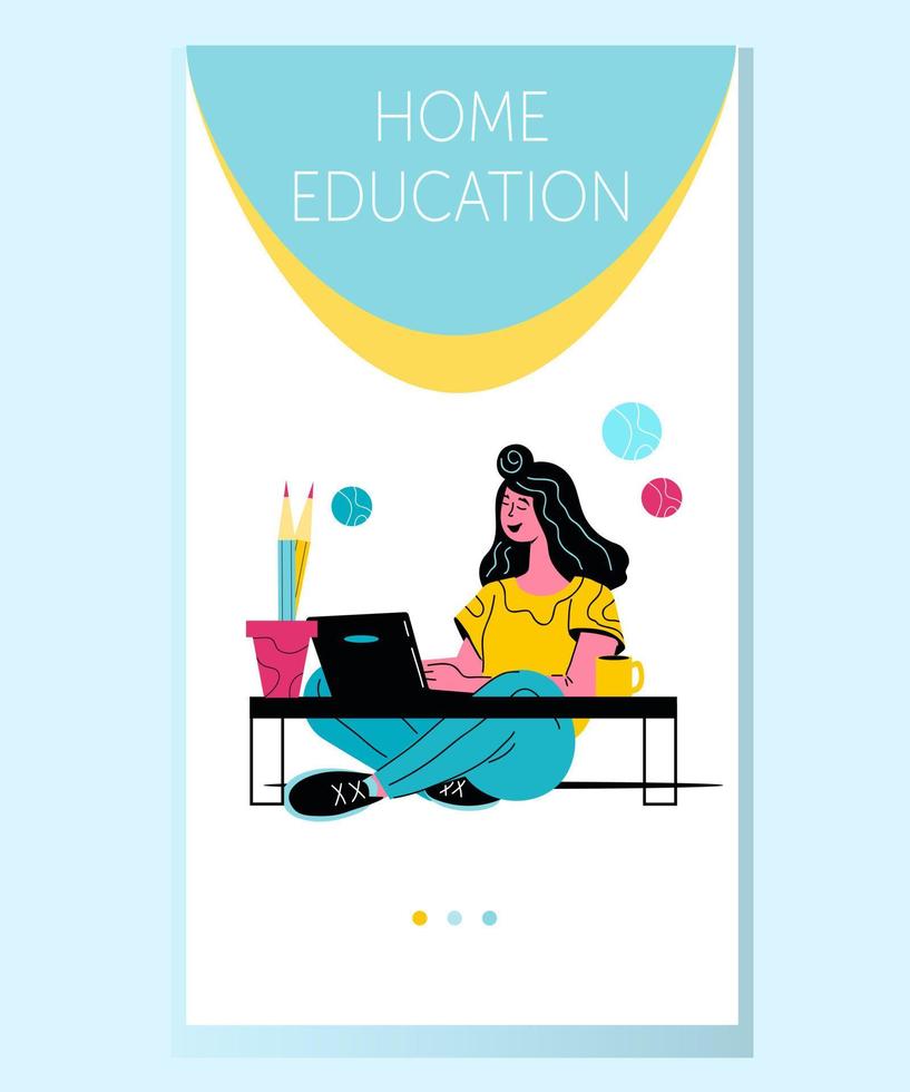 mobiel bladzijde voor online onderwijs toepassing met vrouw aan het leren Bij huis. afstand onderwijs en thuisonderwijs, e-learning en leerzaam trainingen concept, vlak vector illustratie.