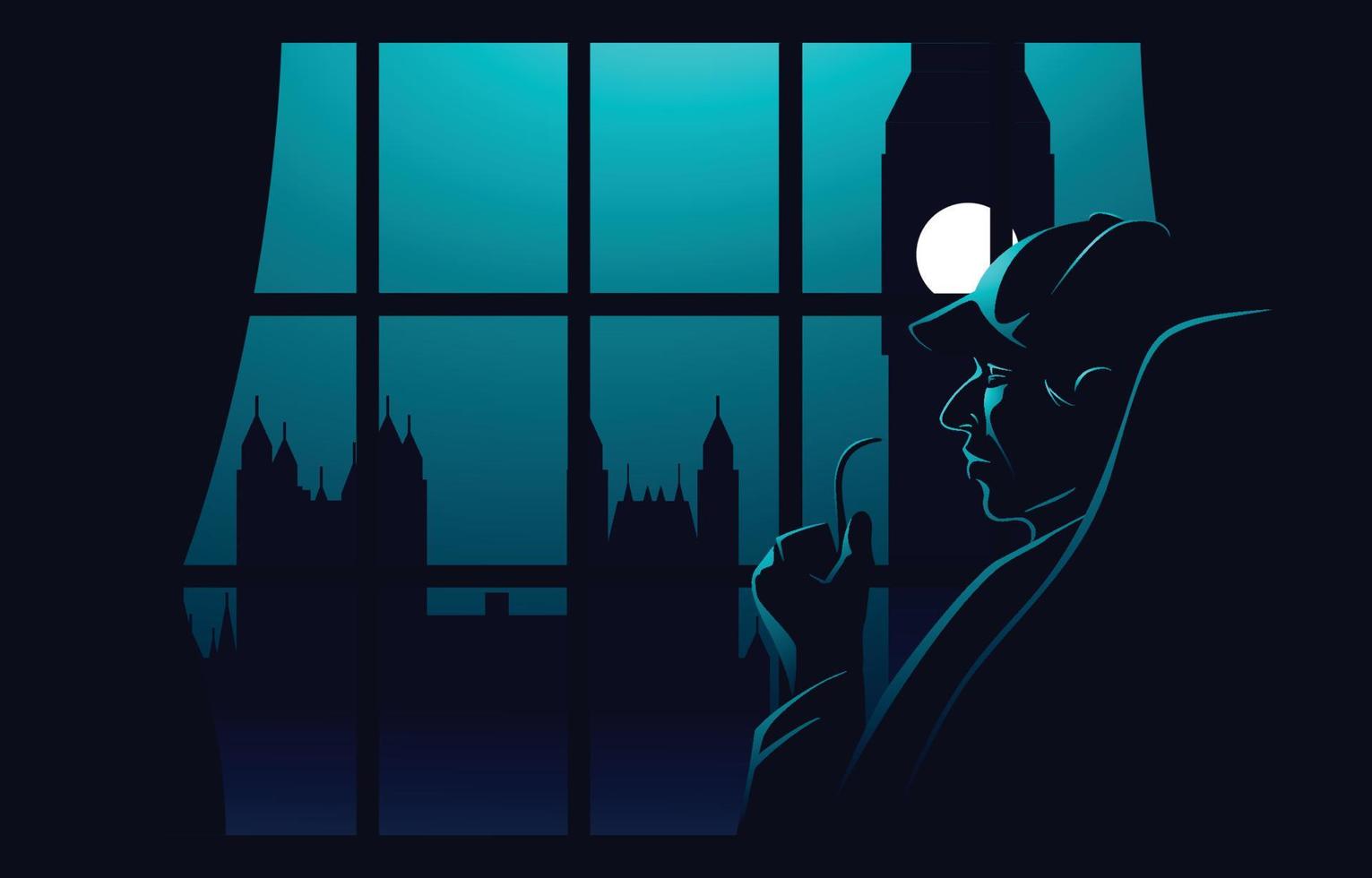 silhouet van een detective zittend in de donker achtergrond vector