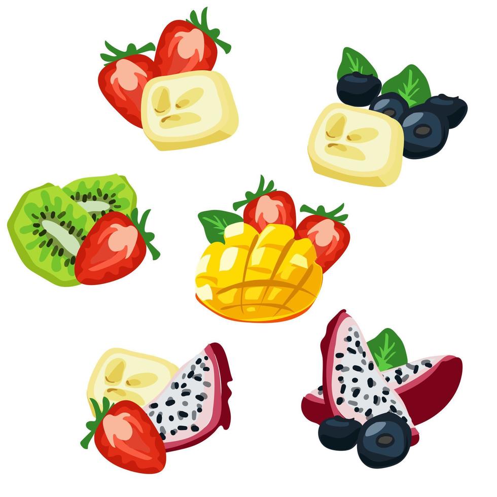 fruit mengen set. vector illustratie van banners met divers tropisch fruit gemarkeerd Aan een wit achtergrond. vers fruit in de selectie van een smaak mengen in een tekenfilm vlak stijl