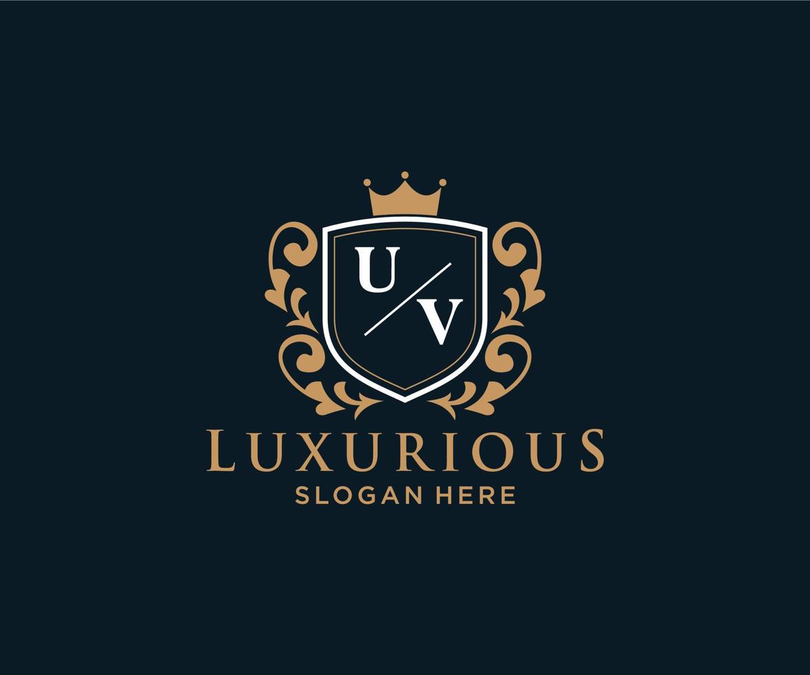 eerste uv brief Koninklijk luxe logo sjabloon in vector kunst voor restaurant, royalty, boetiek, cafe, hotel, heraldisch, sieraden, mode en andere vector illustratie.