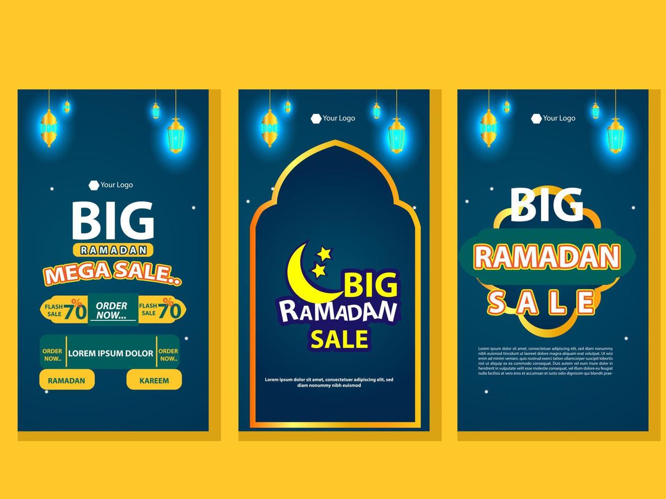 reeks van plein sociaal media na, poster, verhalen sjabloon mega uitverkoop Promotie met modern lantaarn goud ontwerp. iftar gemeen is Ramadan. sociaal media sjabloon met modern Islamitisch achtergrond ontwerp vector