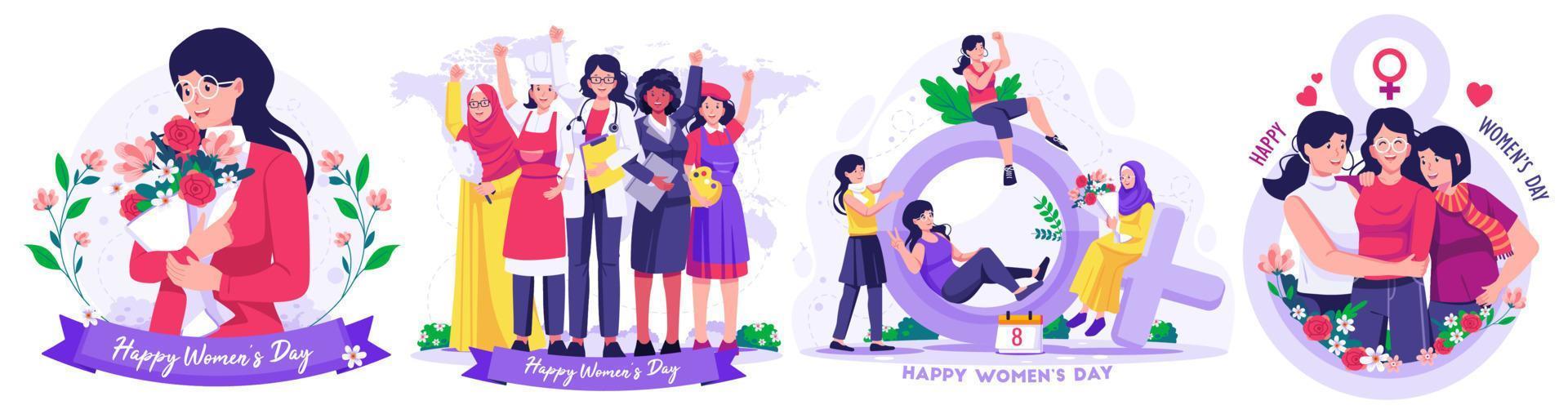 illustratie reeks van Internationale vrouwen dag concept met gelukkig multinational verschillend Dames vieren vrouwen dag. worstelen voor vrijheid en onafhankelijkheid vector