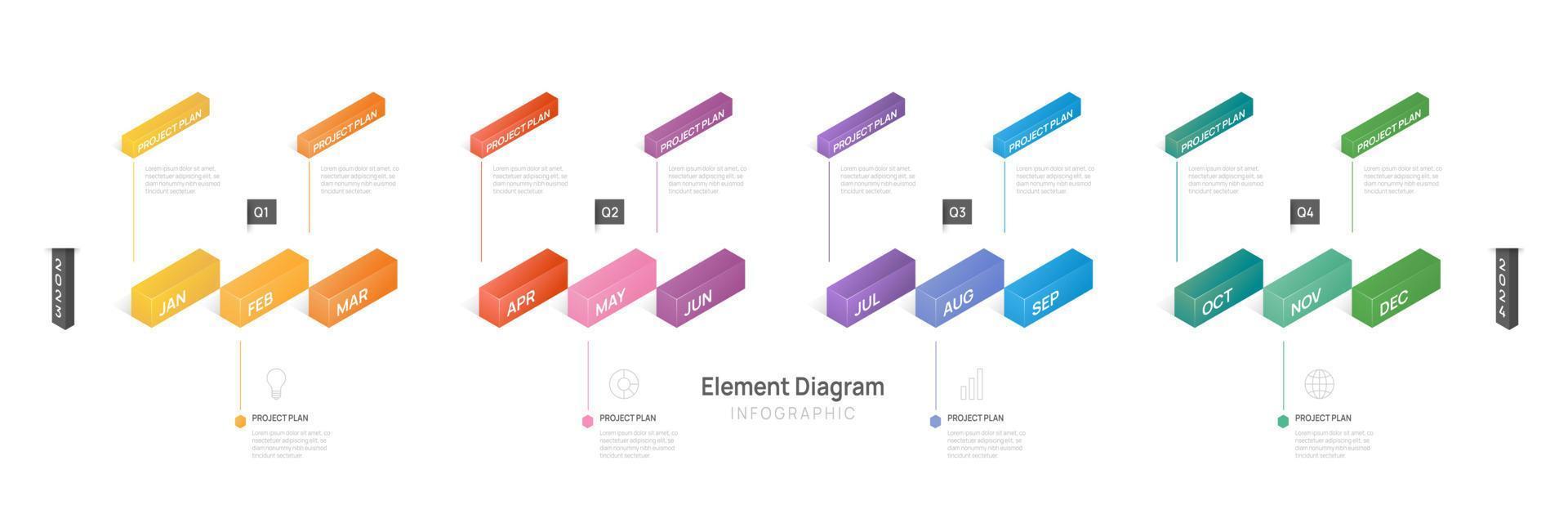 infographic sjabloon voor bedrijf. 12 maanden modern tijdlijn element diagram kalender, 4 kwartaal stappen mijlpaal presentatie vector infografisch.