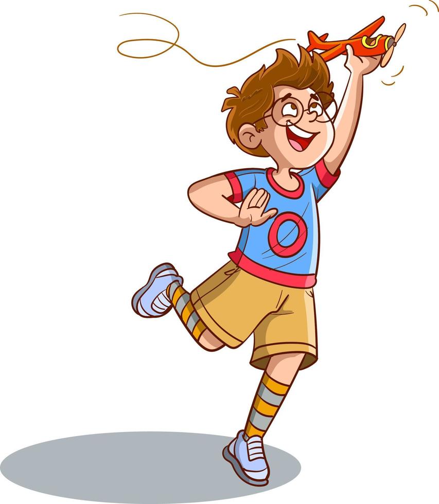 vector illustratie van jongen in schattig shorts spelen met speelgoed- vliegtuig