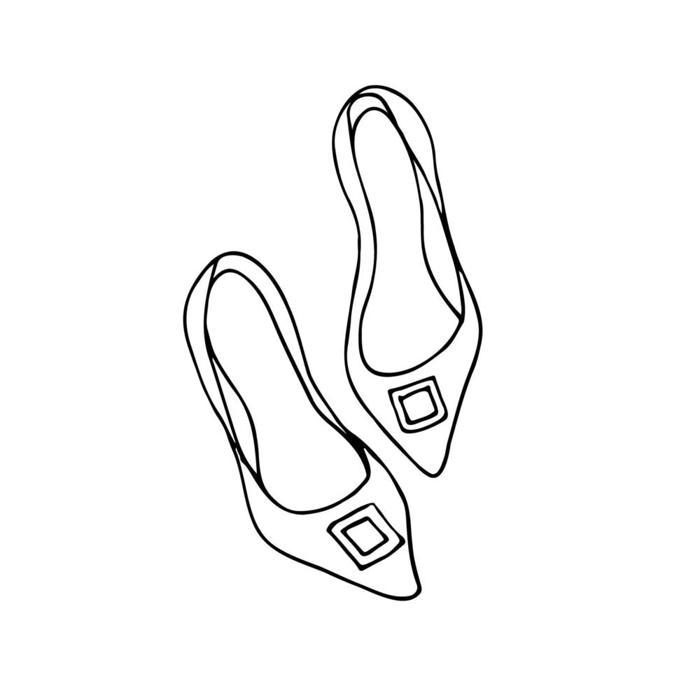 puntig hoog hakken met een plein door broche - hand- getrokken tekening. paar- van vrouwen puntig schoenen met een broche vector schetsen