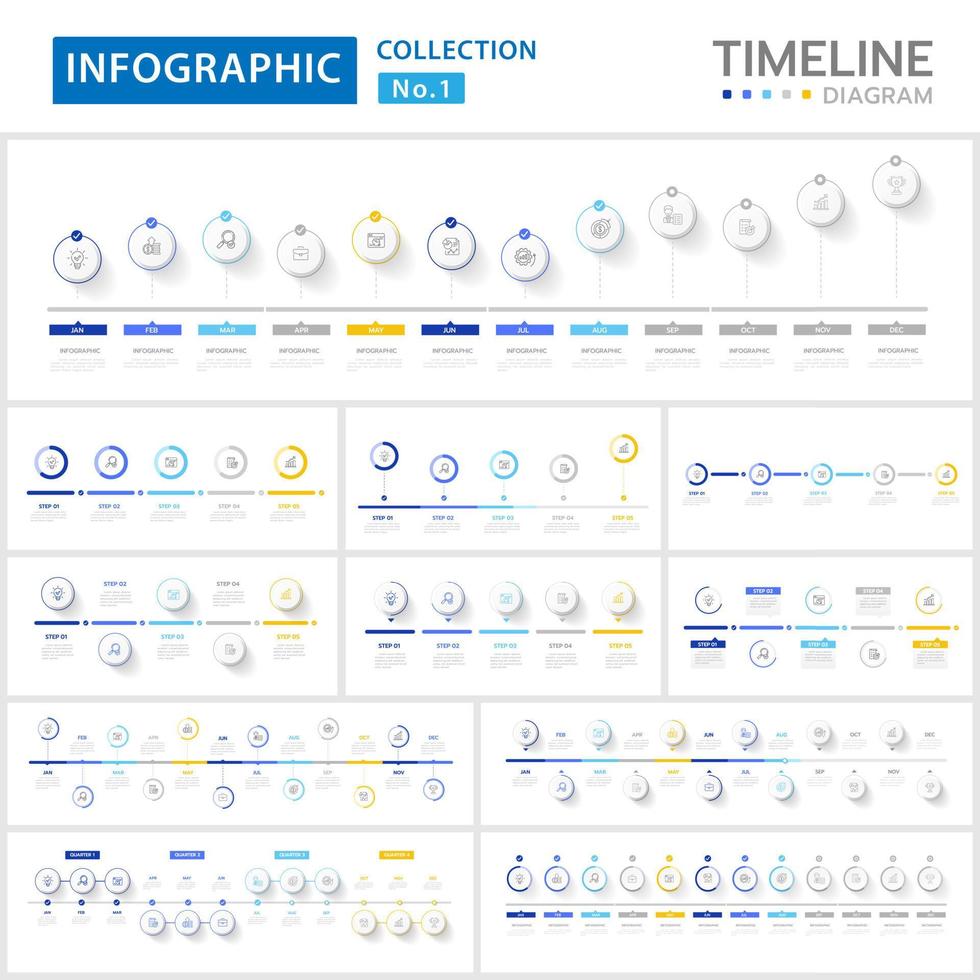 infographic vector bundel sjabloon voor bedrijf. 11 reeks modern tijdlijn diagram routekaart met cirkel topics en maandelijks kalender, presentatie vector infographic verzameling.