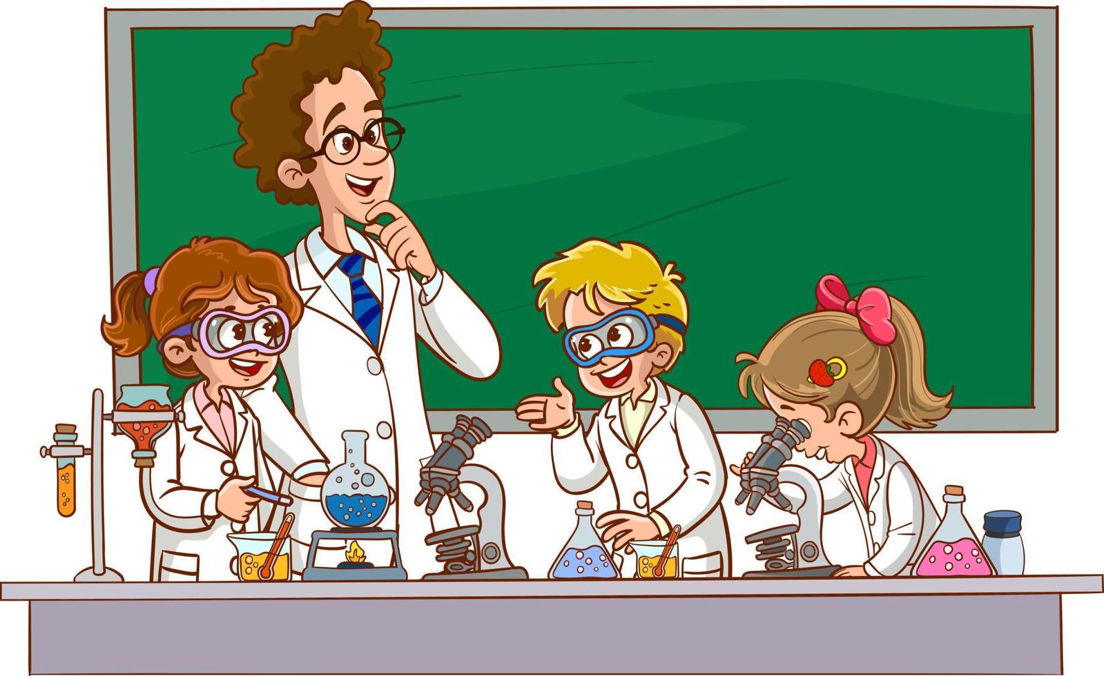vector illustratie van lezing in chemie class.cartoon studenten en leraar aan het doen Onderzoek in laboratorium.