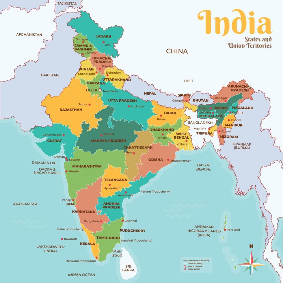 gedetailleerd Indië kaart staten en unie territoria vector