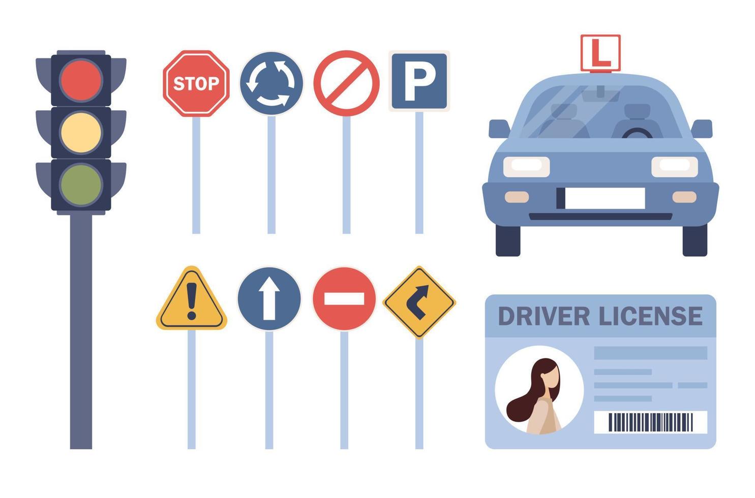 het rijden school- icoon set. het rijden lessen en opleiding, bestuurder licentie, identiteit kaart, weg tekens, verkeer licht, auto. vector vlak illustratie