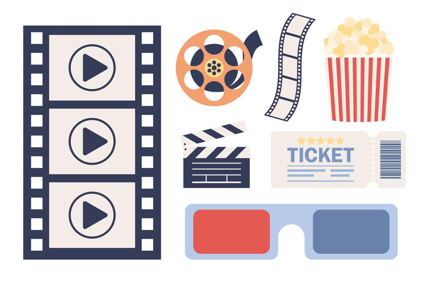 cinematografie icoon set. film tekens. bioscoop film productie. bioscoop ticket, 3d bril, film strip, plakband, film filmklapper, popcorn. vector vlak illustratie