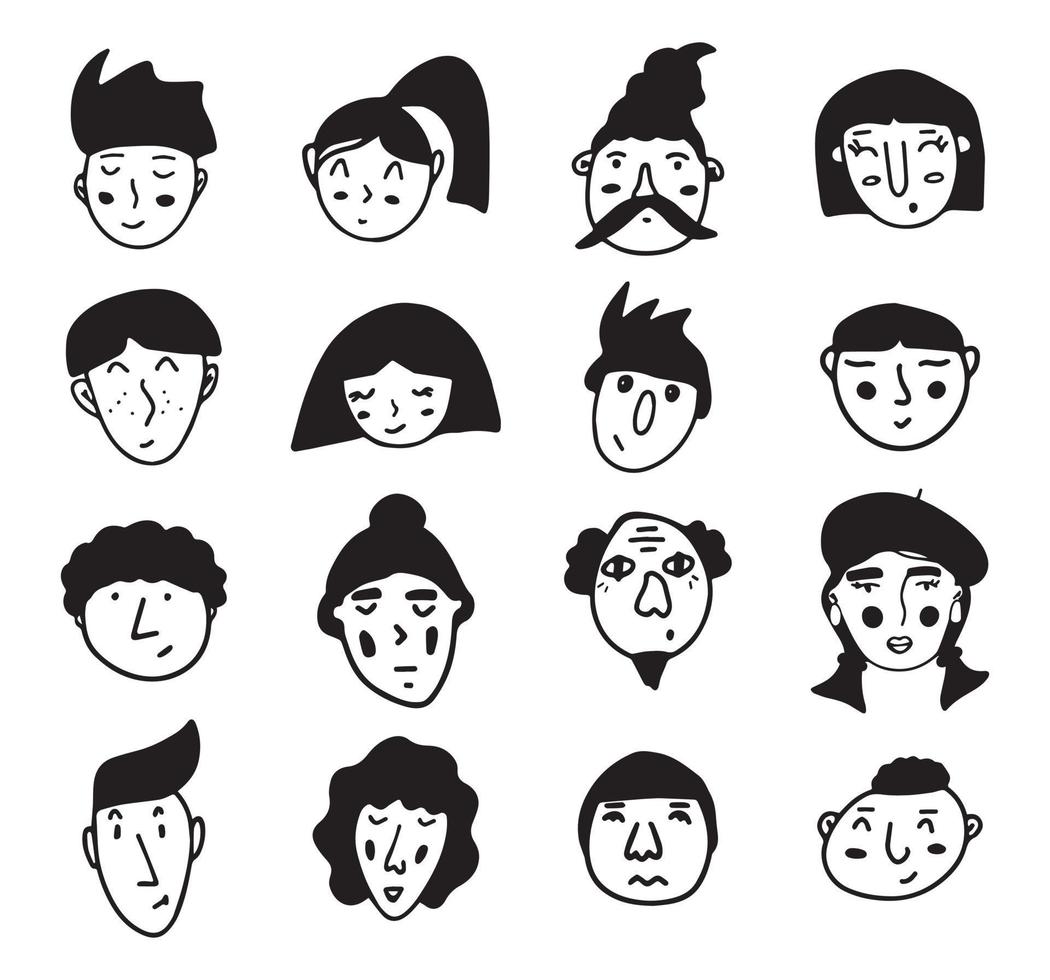 reeks van tekening mensen gezichten. zwart en wit vector