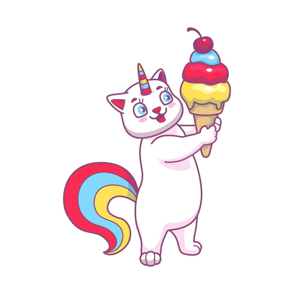 schattig caticorn karakter met ijs room toetje vector