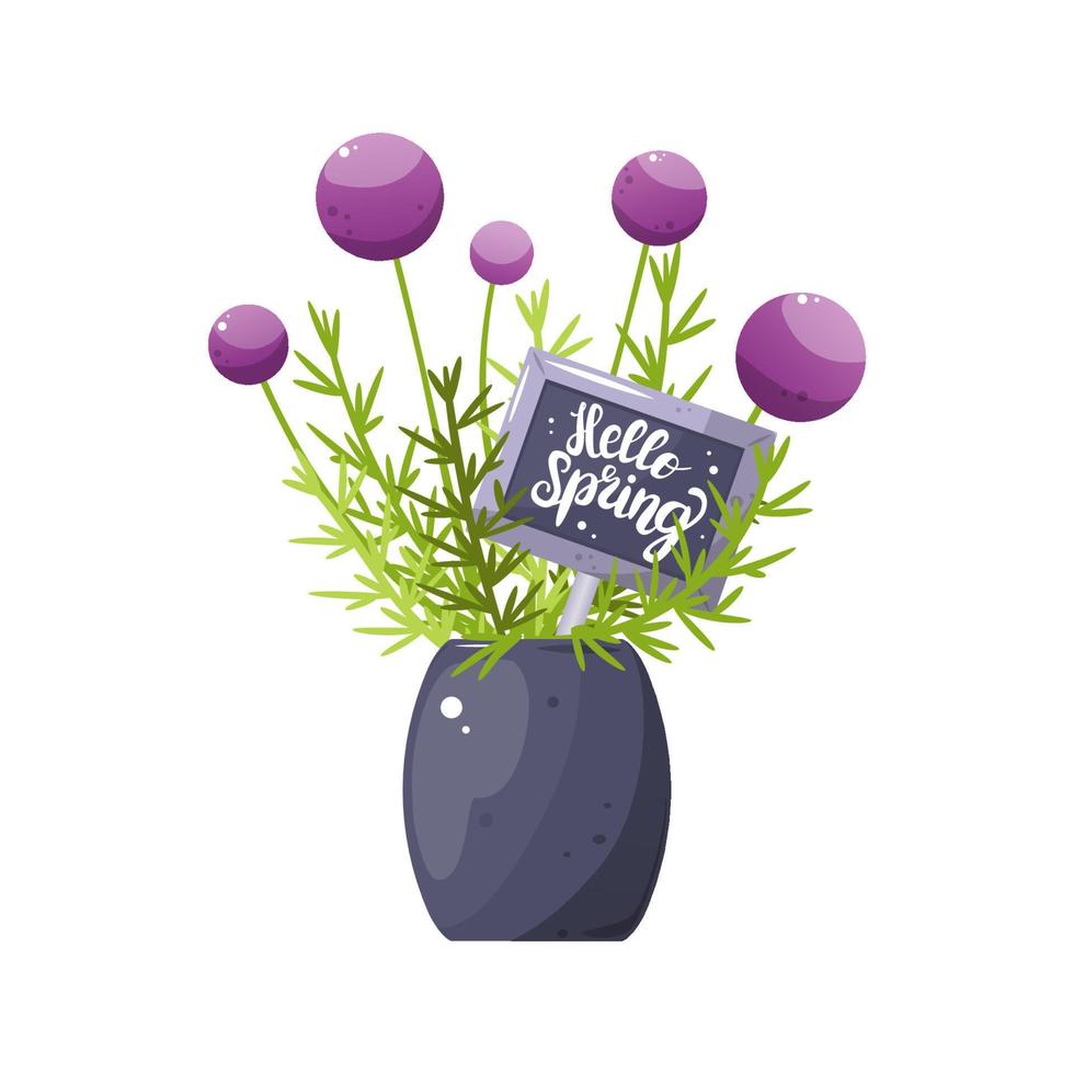 voorjaar boeket vector verzameling. schattig bloemen groet cups met opschrift Hallo de lente. lente geïsoleerd vector illustratie met mok.