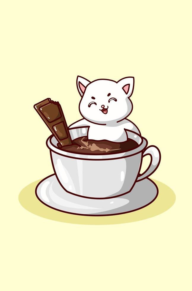 een schattige kat die in koffie met chocolade zwemt vector