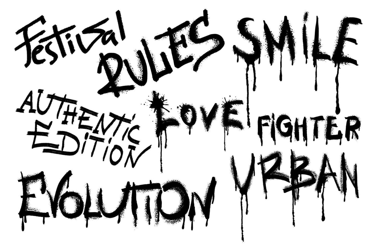 verstuiven geschilderd slogans geïsoleerd Aan wit achtergrond. graffiti doopvont met geklater in zwart Aan wit. vector illustratie.