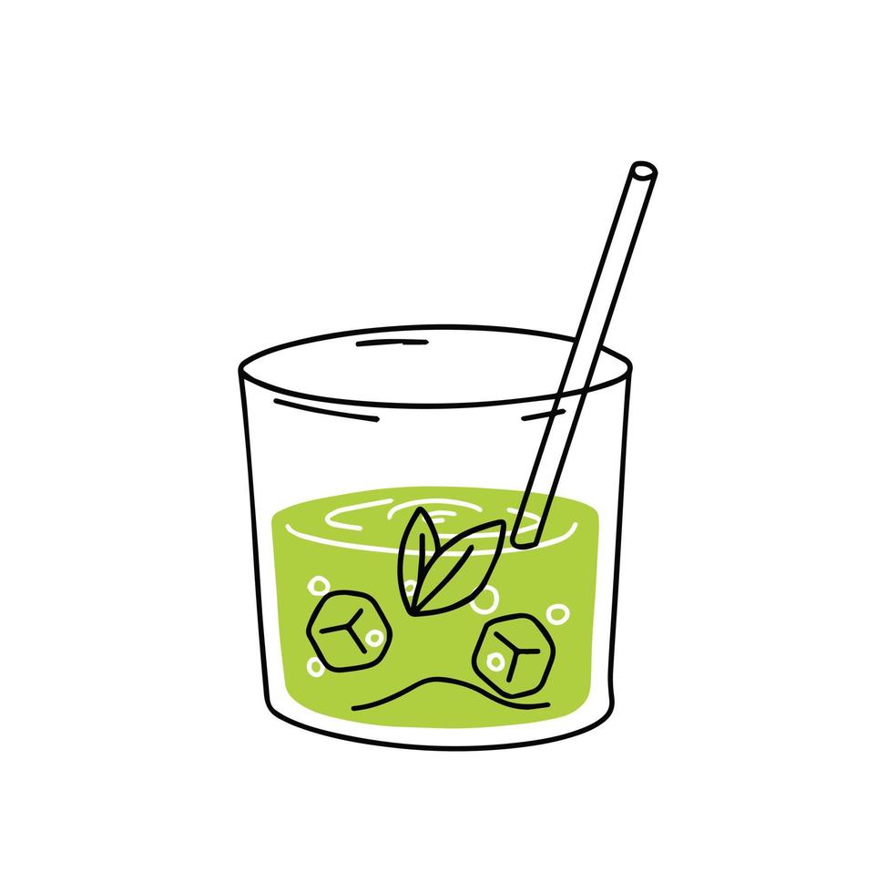 groen thee maat of mojito. zomer verfrissend drankje. cocktail in glas. modieus schets tekenfilm geïsoleerd Aan wit vector