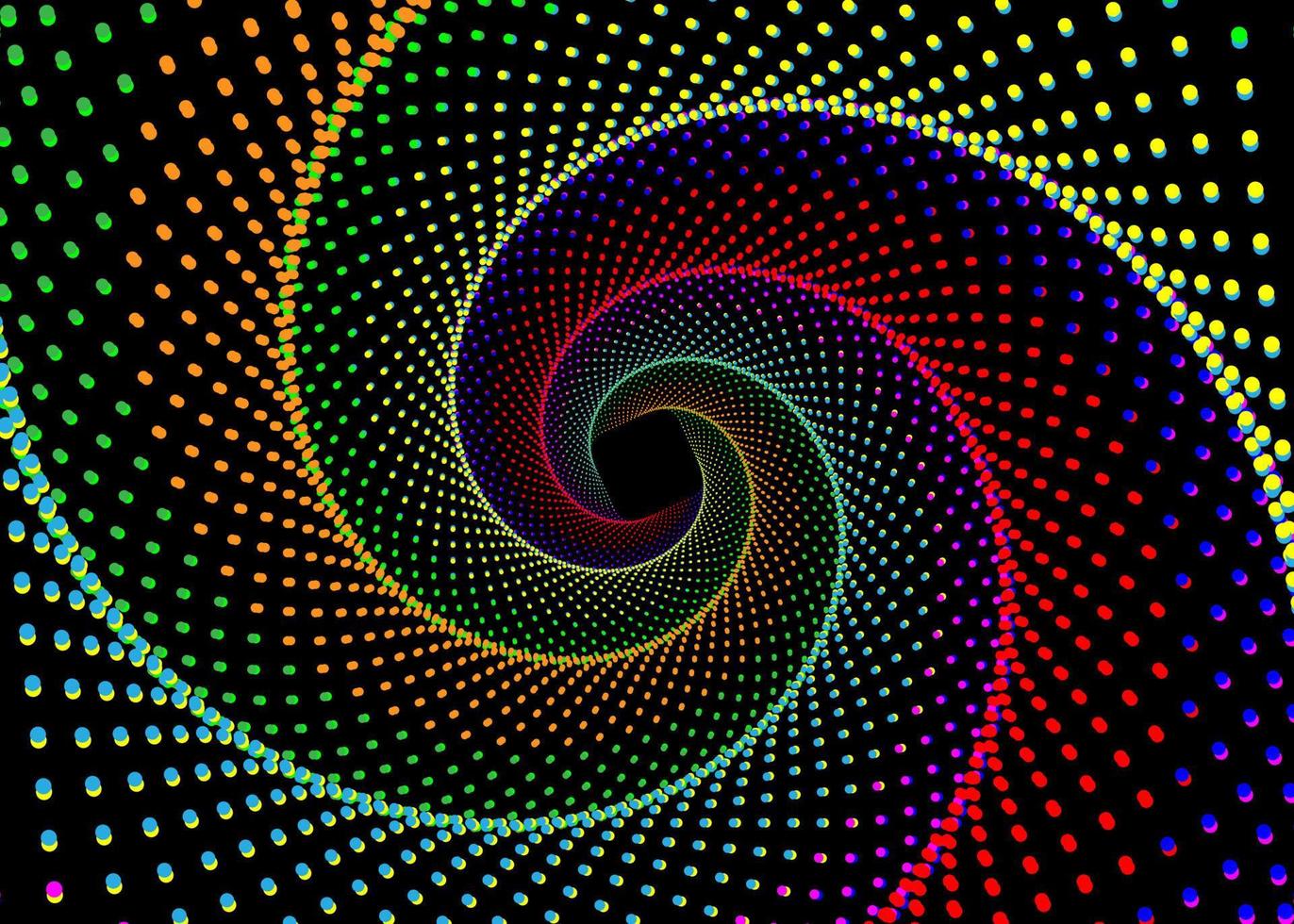zwart, rood, roze, blauw, cyaan, oranje, groente, en geel stippel spiraal draaikolk plein vector sjabloon. kleurrijk golvend kolken patroon dots achtergrond.