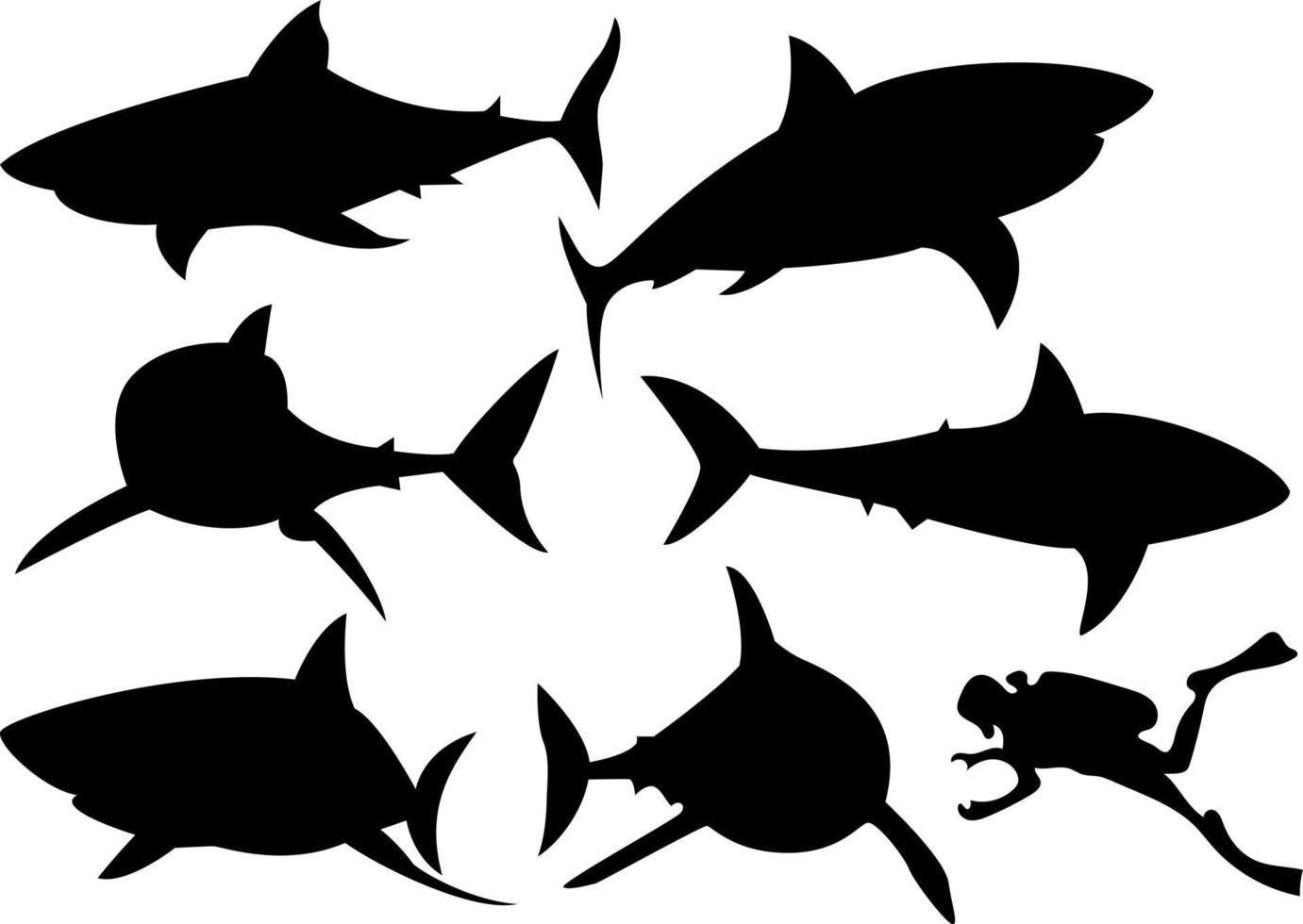 vector reeks van haai silhouetten in divers poseert. gemakkelijk illustratie. geïsoleerd Aan wit achtergrond