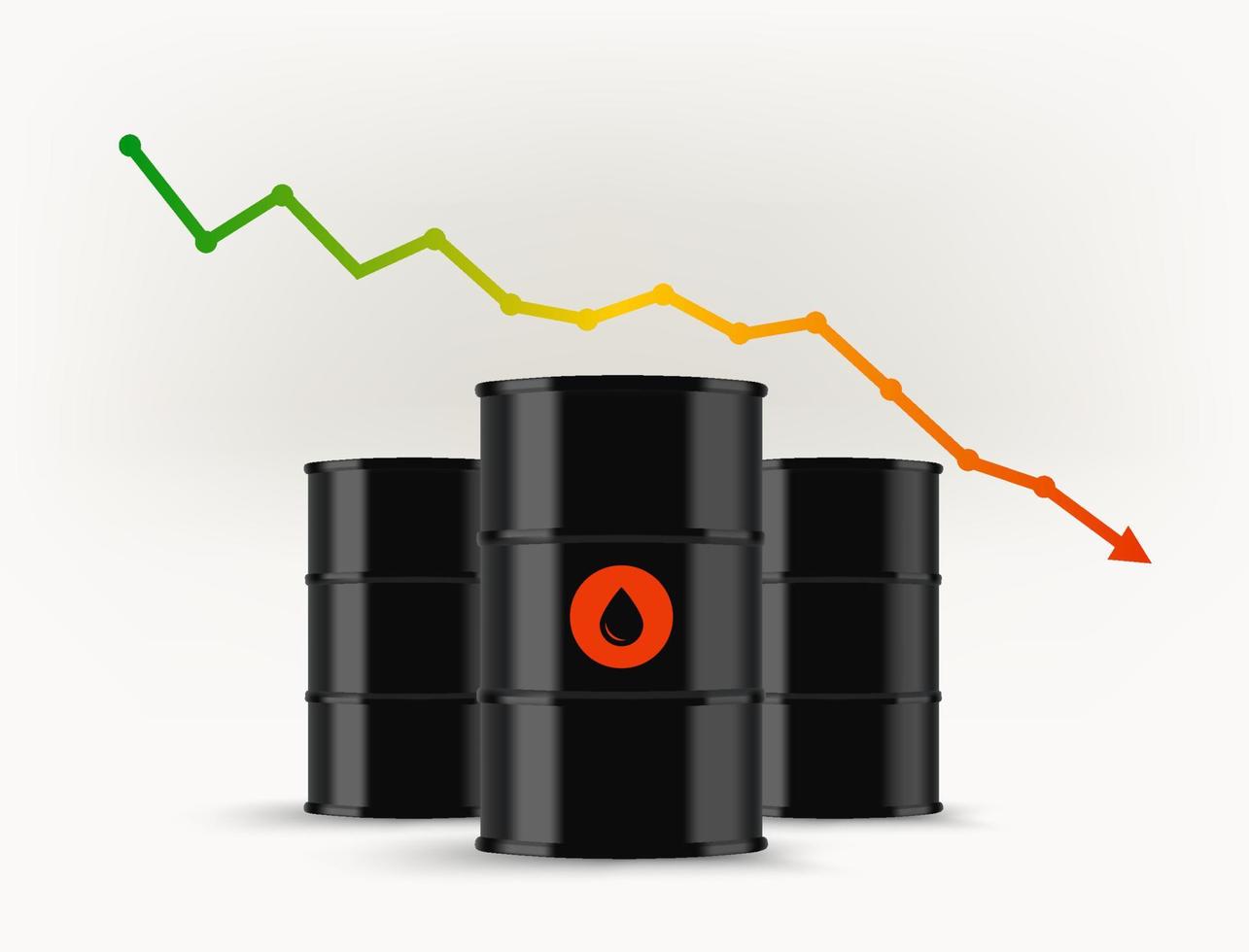 vallend naar beneden olie inkomsten concept. zwart vaten en grafiek. 3d vector