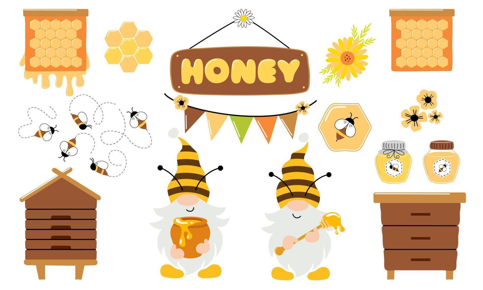 vector reeks met honing, kabouters, stukken van honingraat, vliegend bij, bijenkorf, vloeiende vloeistof Aan een stok. honing pictogrammen set. honing set. bijen set, schattig honing clip art.