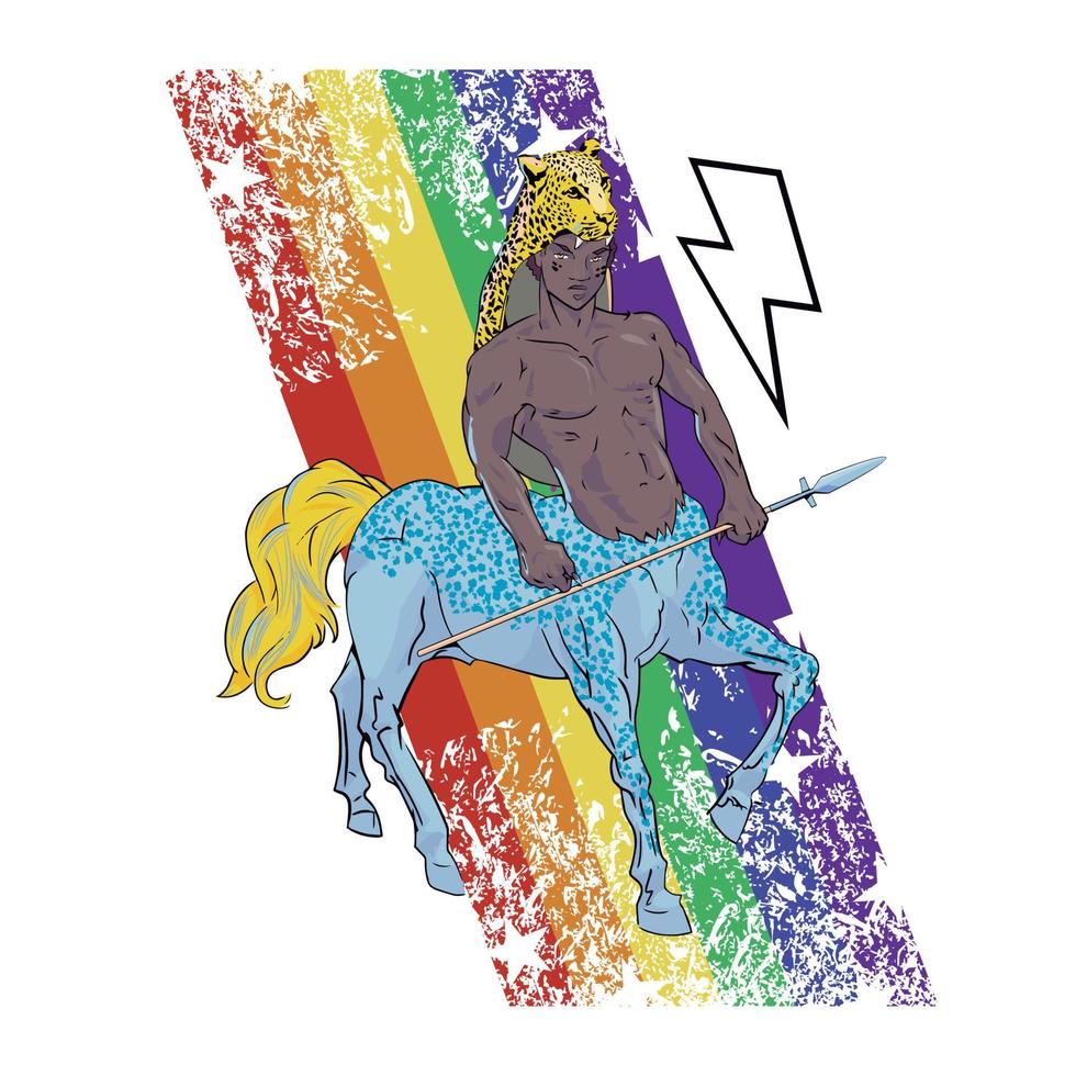 vector illustratie van een zwart centaur met donder en regenboog symbool. ontwerp voor t-shirts over homo trots
