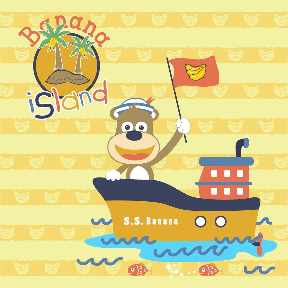 schattig aap Aan boot gaan naar banaan eiland Aan banaan gestreept achtergrond, vector tekenfilm illustratie