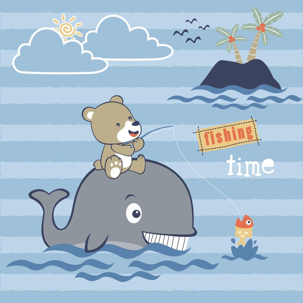 schattig beer met walvis vissen, vector tekenfilm illustratie