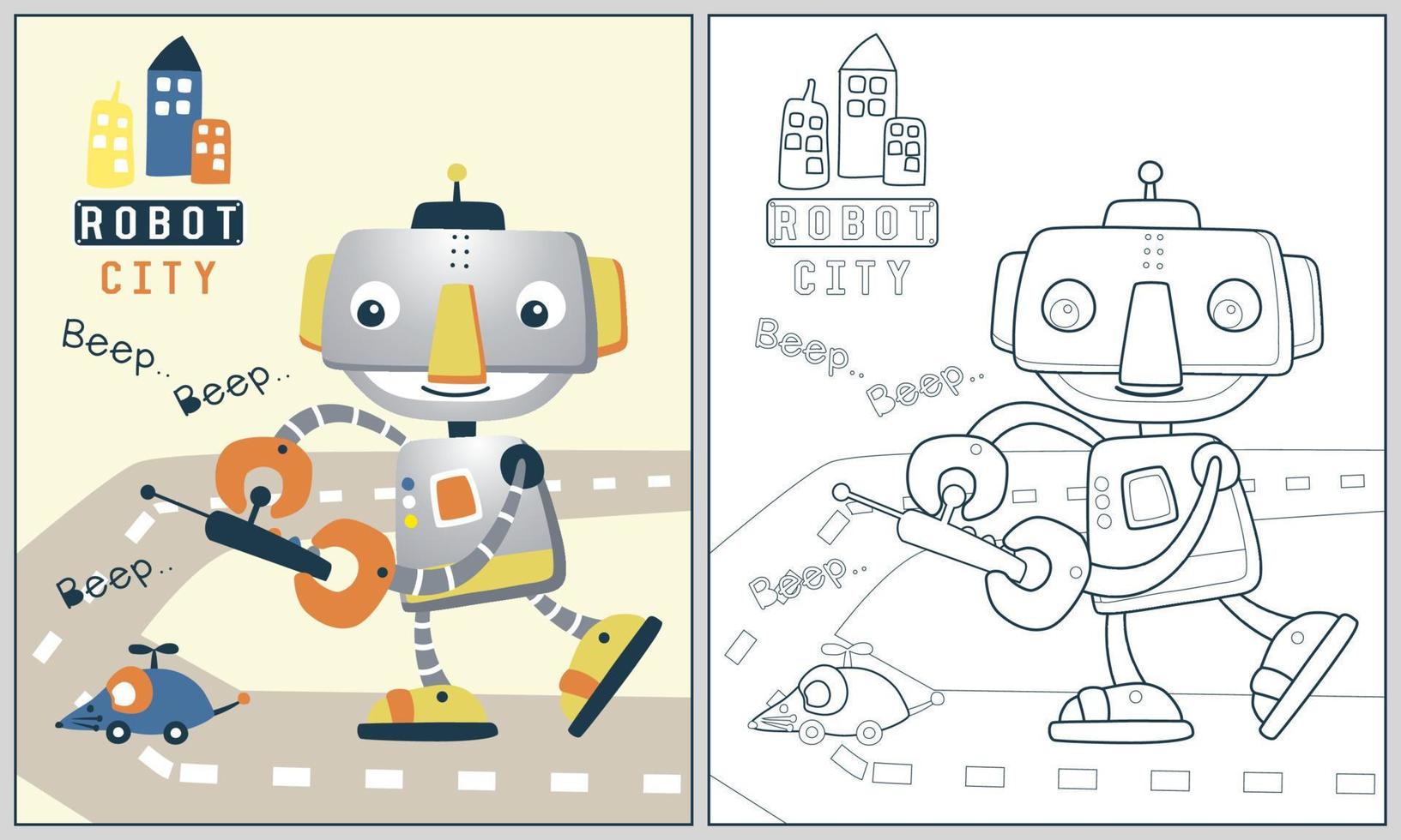 grappig robot Holding afgelegen controle, vector tekenfilm illustratie, kleur boek of bladzijde