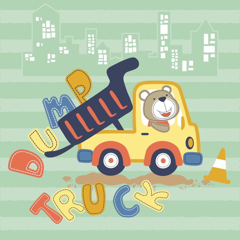 schattig beer het rijden dump vrachtauto Aan gebouwen achtergrond, vector tekenfilm illustratie