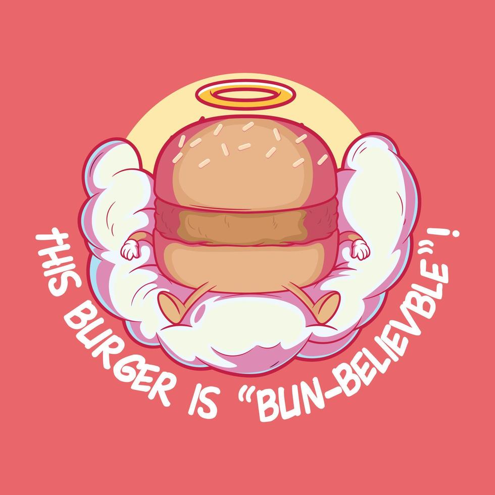 hamburger karakter is gezeten Aan een wolk met een halo Aan top vector illustratie. voedsel, grappig ontwerp concept.