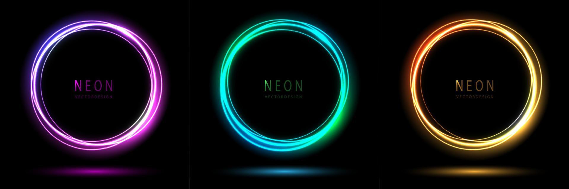 helling neon cirkel kader. verzameling van ronde gloeiend neon verlichting Aan donker achtergrond met kopiëren ruimte. grafisch element voor sociaal media verhalen. vector ontwerp.