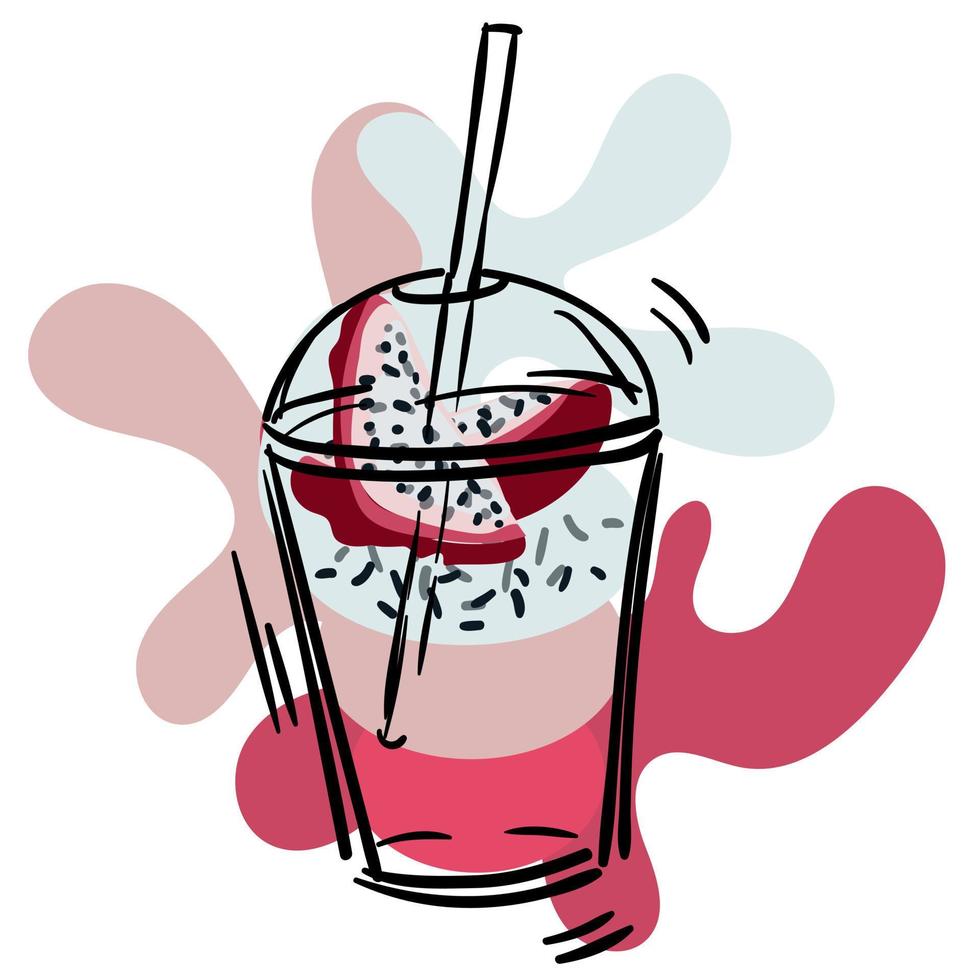 een glas met een bladerdeeg smoothie en fruit met een rietje voor drankjes Aan een wit achtergrond. een kop met een achtergrond van vlekken in de kleur van fruit. draak fruit illustratie voor het drukken Aan cafe menu vector