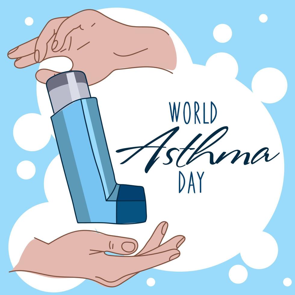 de concept van informeren over de wereld astma dag met de helpen van een aërosol inhalator. een aërosol in uw handen voor helpen. dag van solidariteit met ziekten. vector illustratie. banier afdrukken